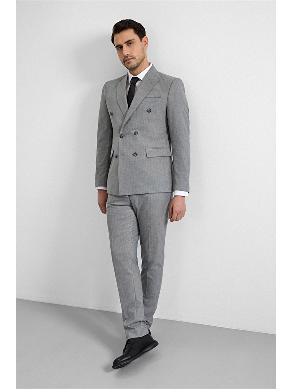 Gri Slim Kruvaze Yaka 6 Drop Takım Elbise-9