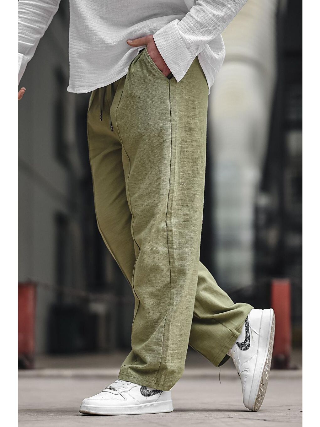 Haki Erkek Rahat Kesim Keten %100 Pamuk Pantolon 6539-3