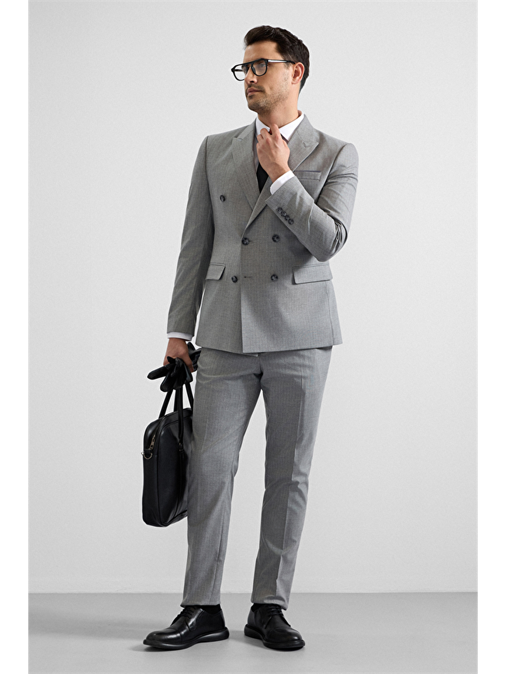 Gri Slim Kruvaze Yaka 6 Drop Takım Elbise-10