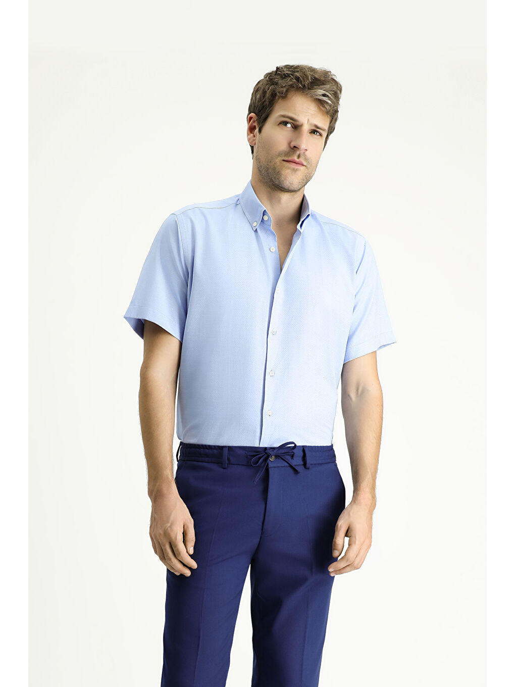 Mavi Kısa Kol Regular Fit Desenli Pamuklu Kolay Ütülenebilir Düğmeli Yaka Büyük Beden Gömlek