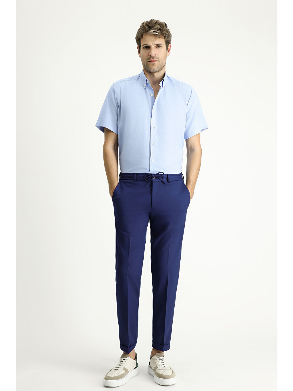 Mavi Kısa Kol Regular Fit Desenli Pamuklu Kolay Ütülenebilir Düğmeli Yaka Büyük Beden Gömlek-1