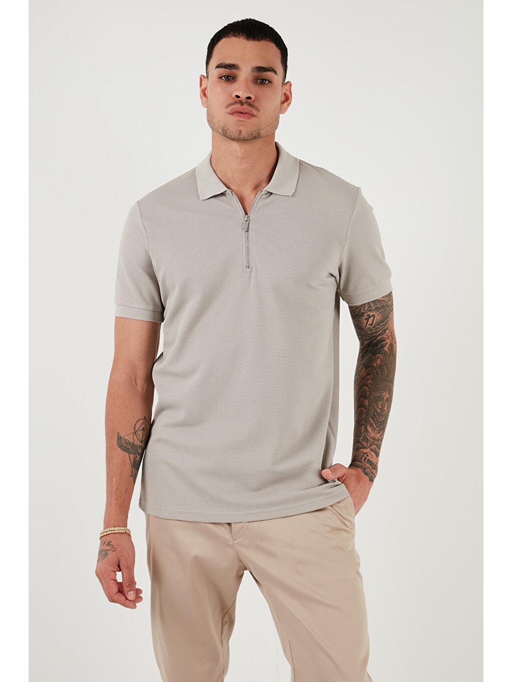 Buratti Gri Pamuklu Regular Fit Fermuarlı Polo Yaka Erkek T Shirt 5902915 - 2