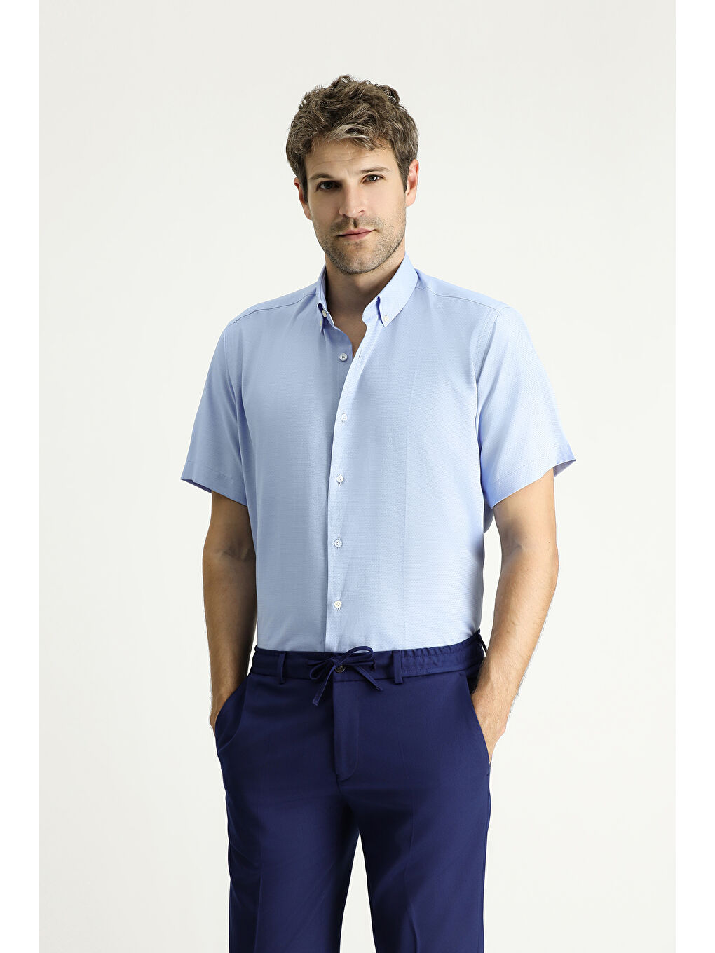 Mavi Kısa Kol Regular Fit Desenli Pamuklu Kolay Ütülenebilir Düğmeli Yaka Büyük Beden Gömlek-2