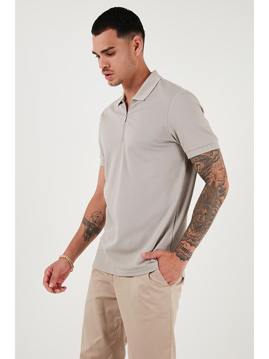 Buratti Gri Pamuklu Regular Fit Fermuarlı Polo Yaka Erkek T Shirt 5902915 - 3