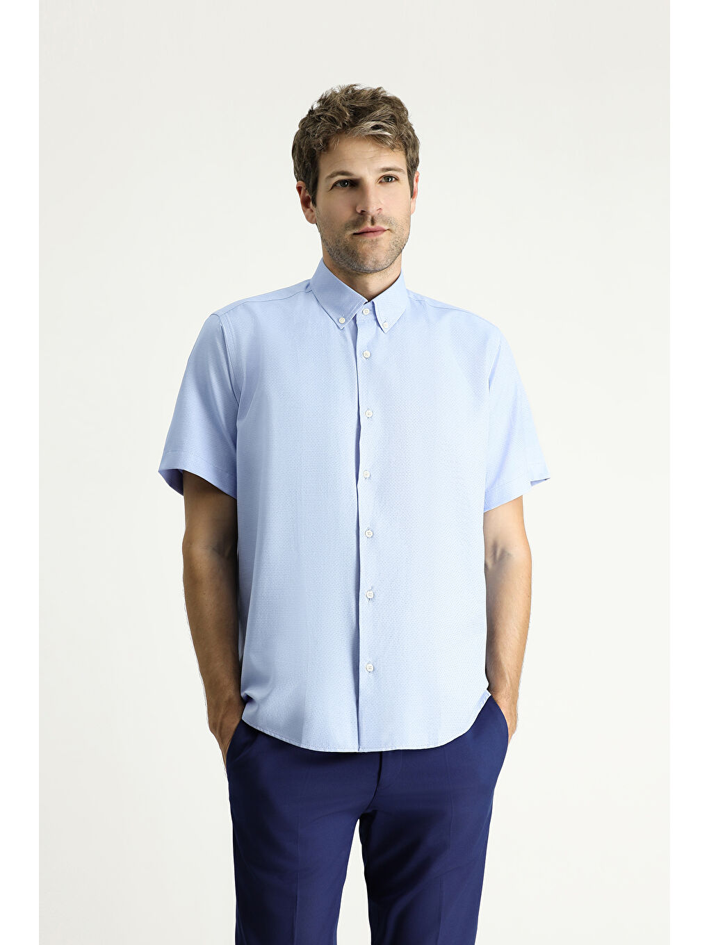 Mavi Kısa Kol Regular Fit Desenli Pamuklu Kolay Ütülenebilir Düğmeli Yaka Büyük Beden Gömlek-3