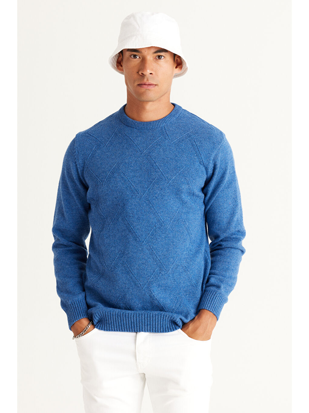 Mavi Erkek Saks Standart Fit Normal Kesim Bisiklet Yaka Jakarlı Triko %100 Pamuk Kazak-1