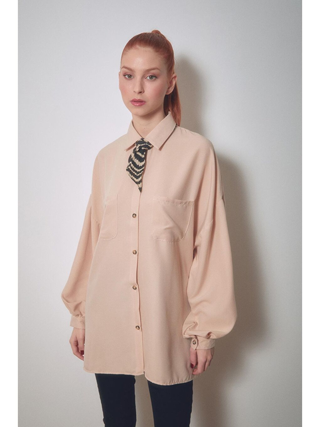 Bej Arkası Uzun Çift Cepli Salaş Gömlek