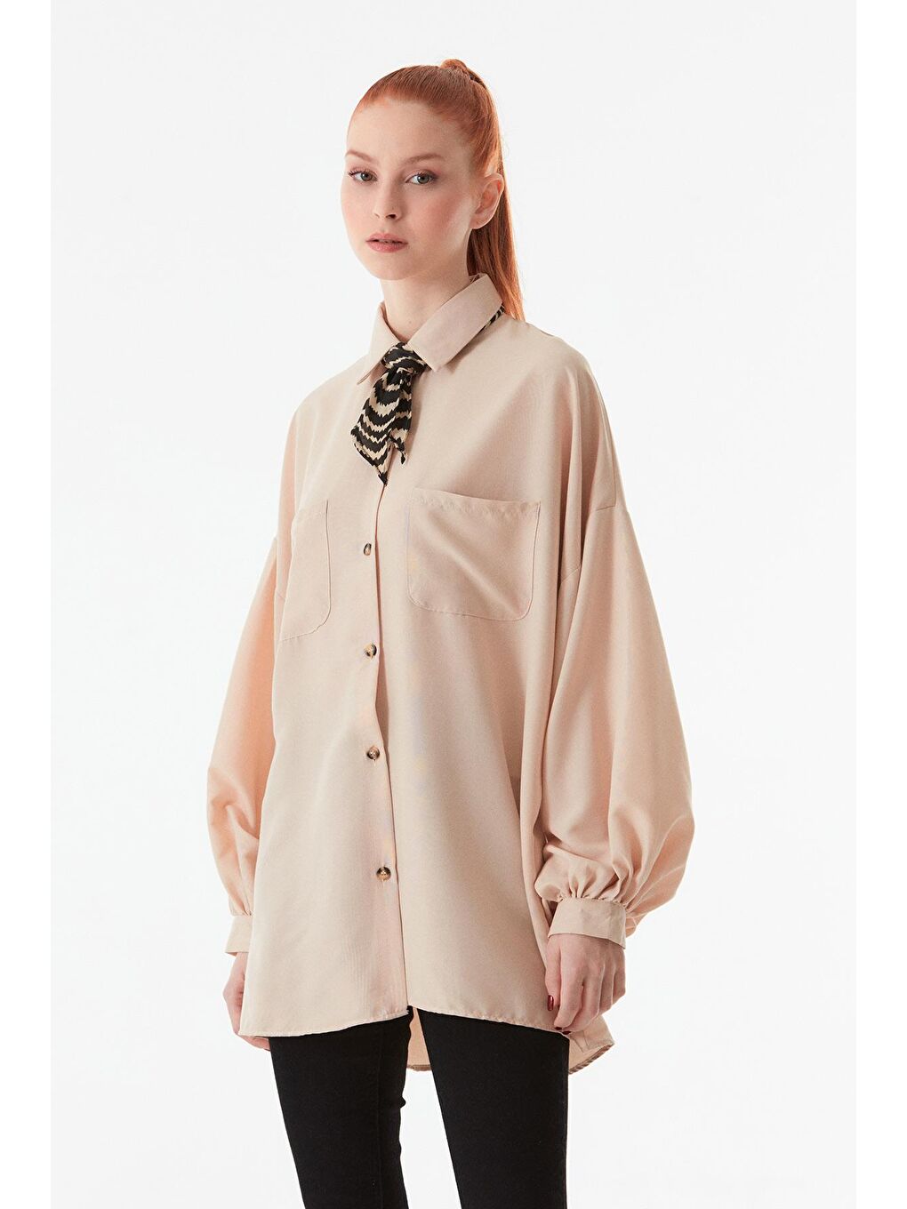 Bej Arkası Uzun Çift Cepli Salaş Gömlek-1