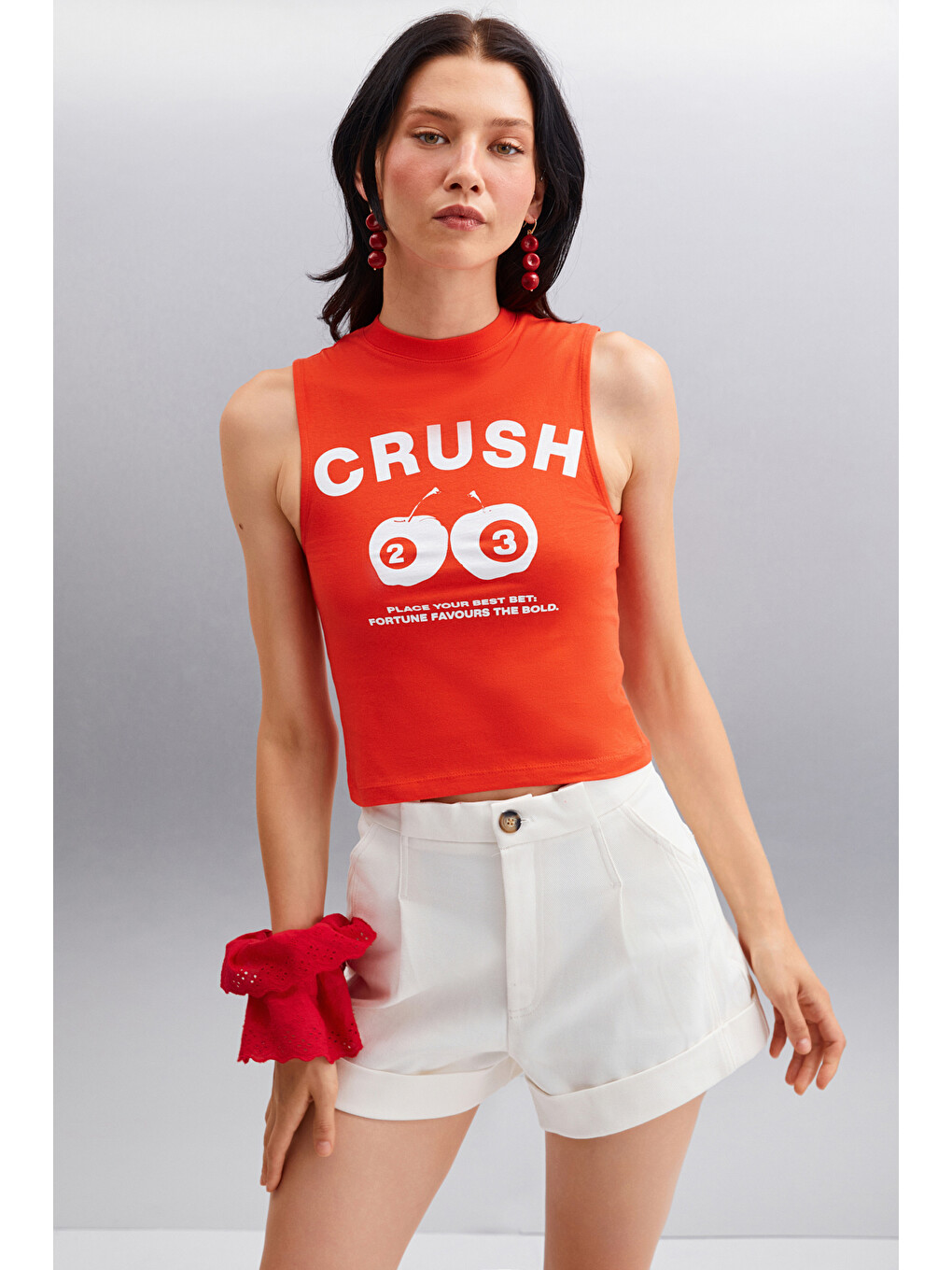 Azura Kadın Baskılı Pamuklu Kısa Kollu Crop Kırmızı T-shirt