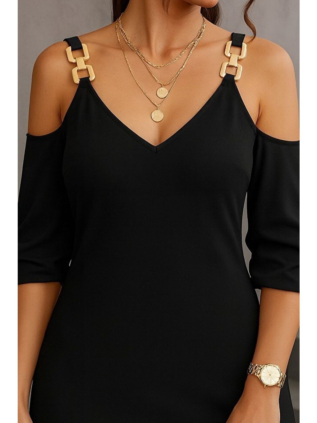 Siyah Kadın Uzun Kollu Askı Detay Iki Iplik Mini Boy Elbise-1