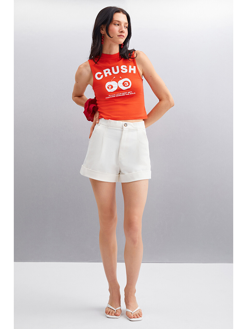 Azura Kadın Baskılı Pamuklu Kısa Kollu Crop Kırmızı T-shirt-1
