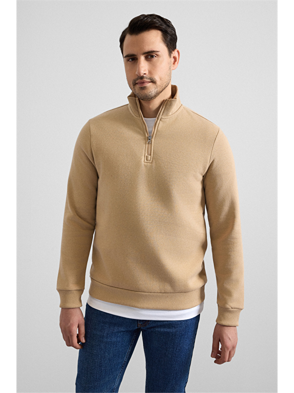 Bej Regular Düz Yarım Balıkçı Yaka Sweatshirt