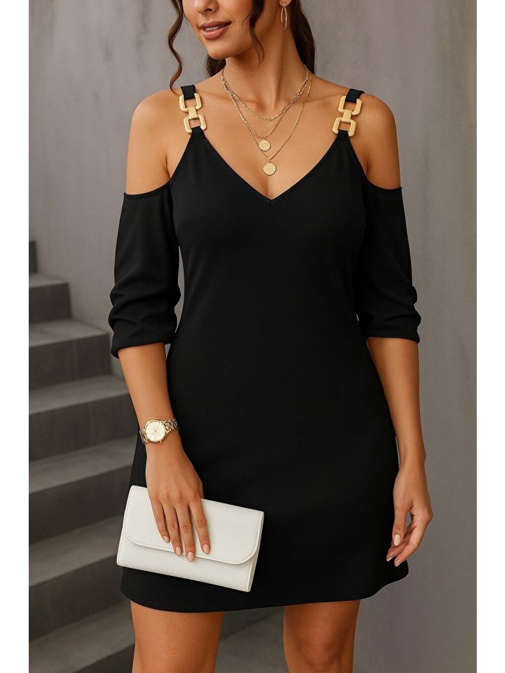 Siyah Kadın Uzun Kollu Askı Detay Iki Iplik Mini Boy Elbise-2