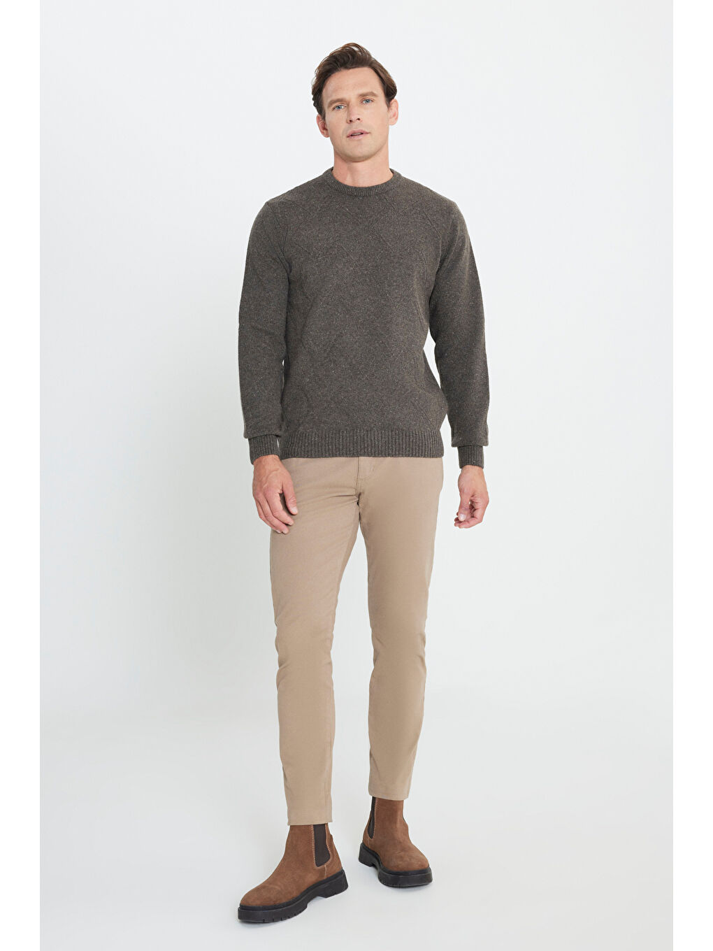 Erkek Kahverengi Standart Fit Normal Kesim Bisiklet Yaka Jakarlı Triko %100 Pamuk Kazak-1