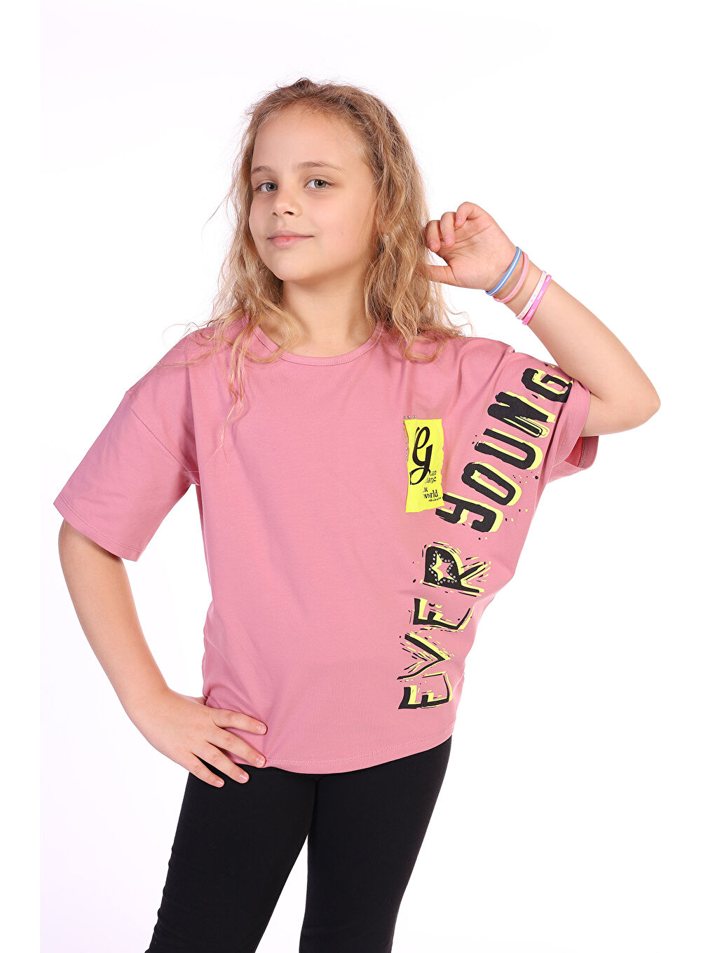 Pembe Kız Çocuk Ever Young Baskılı Tişört