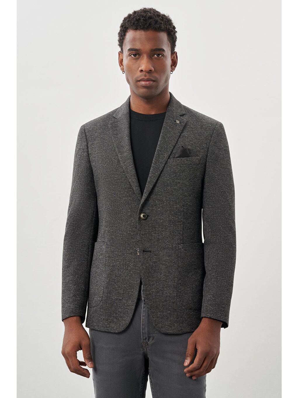 Siyah Desenli Örme Mono Yaka Astarsız Esnek 6 Drop Slim Fit Casual Ceket 1002245161