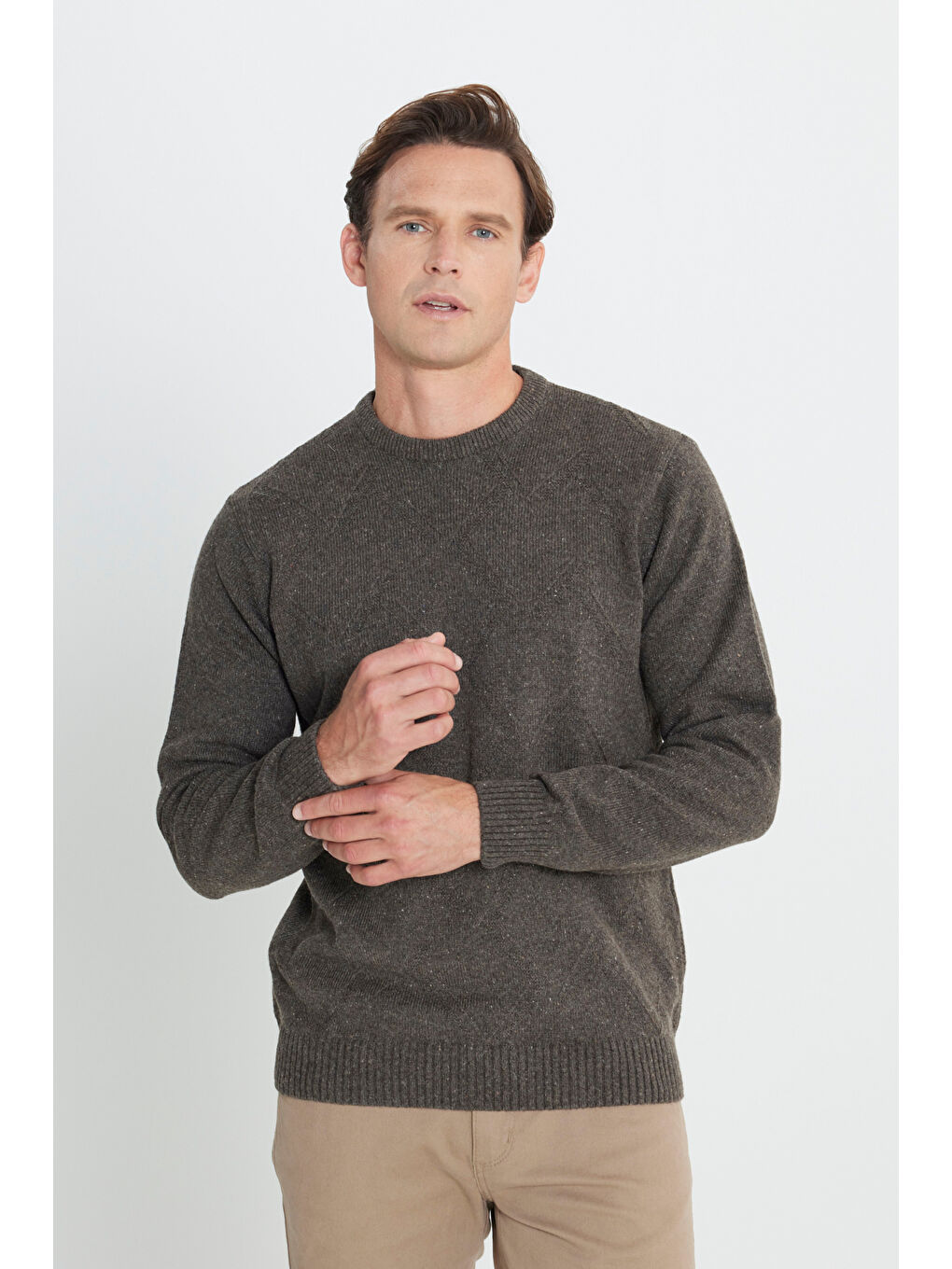 Erkek Kahverengi Standart Fit Normal Kesim Bisiklet Yaka Jakarlı Triko %100 Pamuk Kazak-2