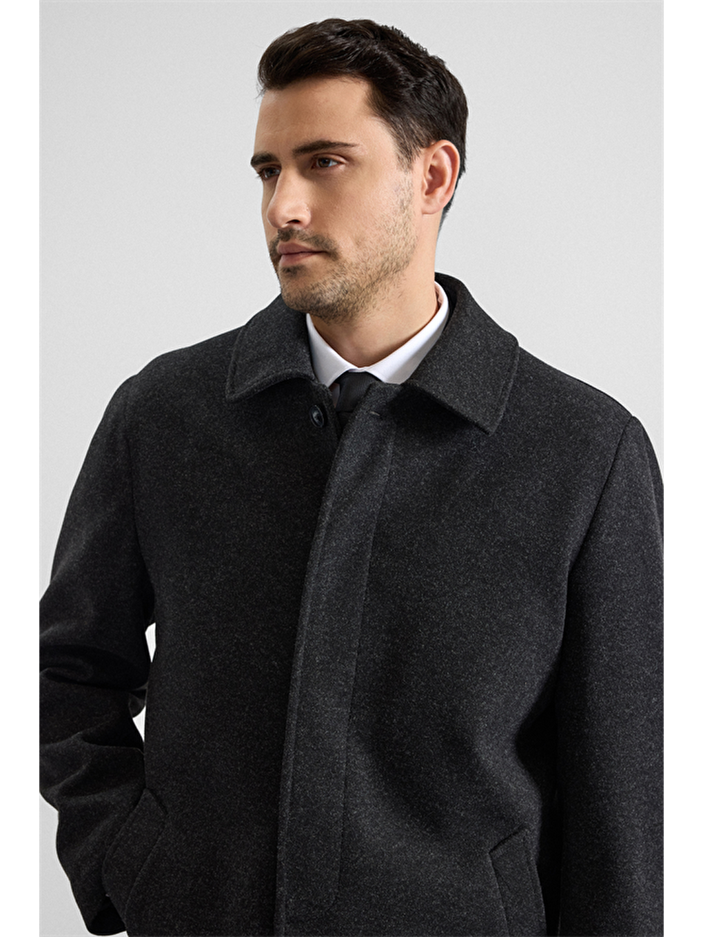 Antrasit Regular Bebe Yaka Düz Yan Cepli Kaban-2