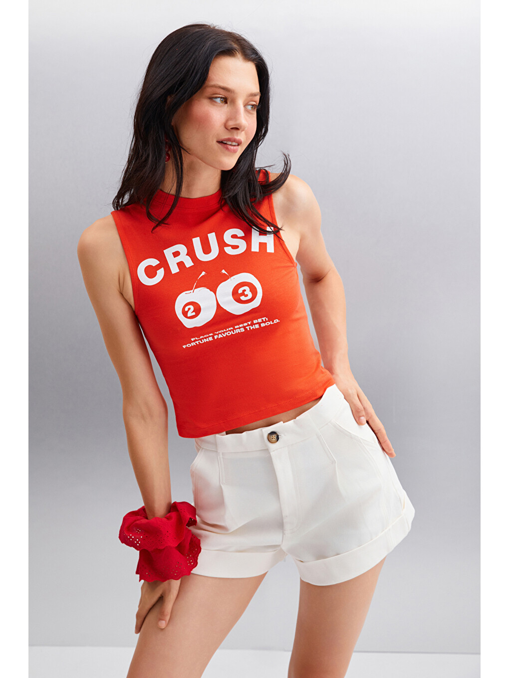 Azura Kadın Baskılı Pamuklu Kısa Kollu Crop Kırmızı T-shirt-2