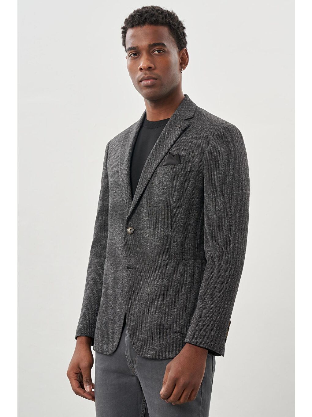 Siyah Desenli Örme Mono Yaka Astarsız Esnek 6 Drop Slim Fit Casual Ceket 1002245161-2