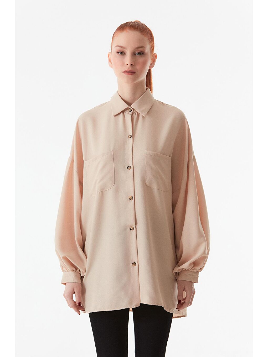 Bej Arkası Uzun Çift Cepli Salaş Gömlek-3