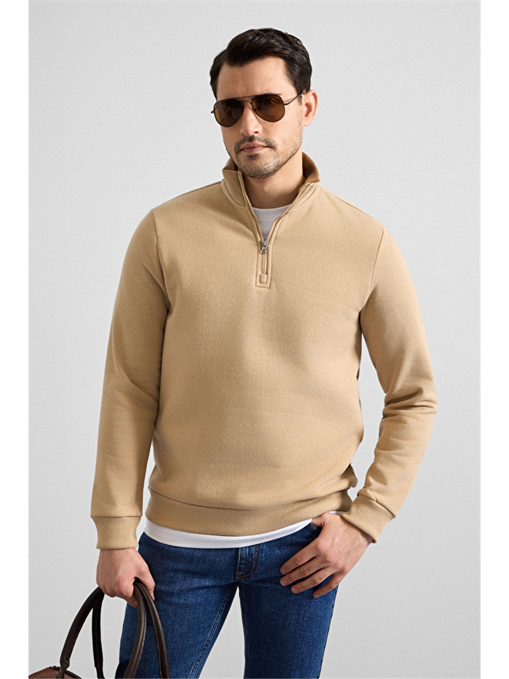 Bej Regular Düz Yarım Balıkçı Yaka Sweatshirt-2