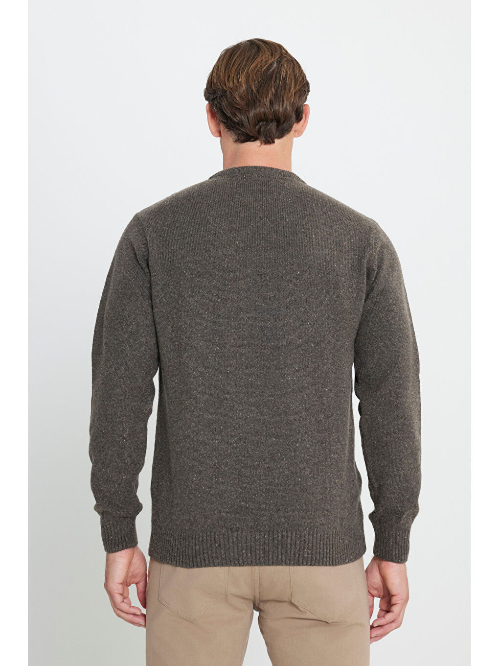 Erkek Kahverengi Standart Fit Normal Kesim Bisiklet Yaka Jakarlı Triko %100 Pamuk Kazak-4