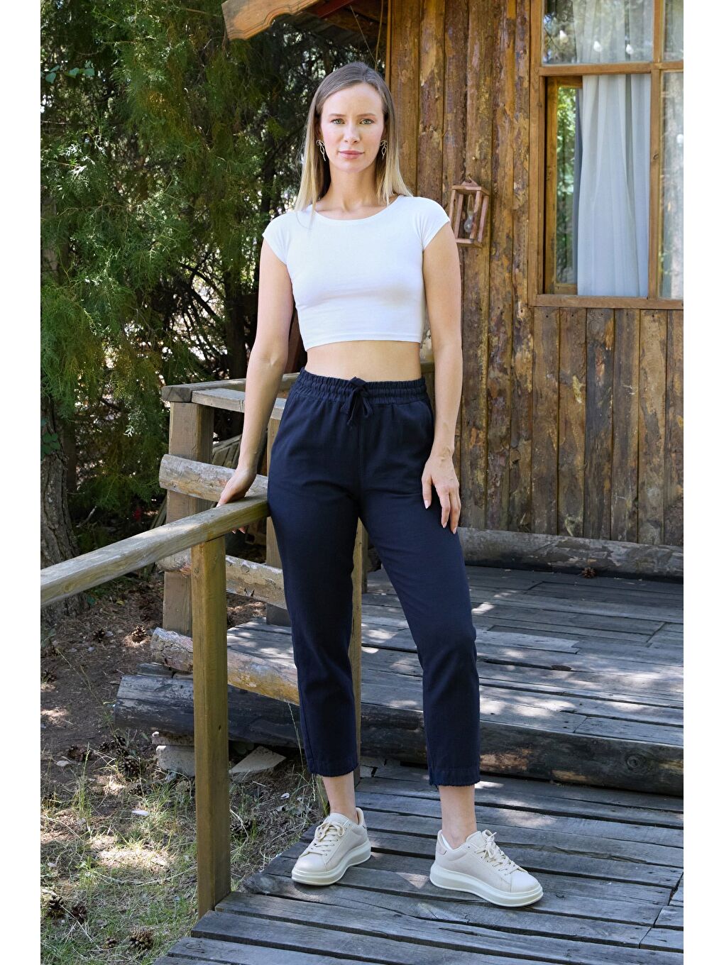 Lacivert Paçası Püsküllü Beli Lastikli Keten Pantolon