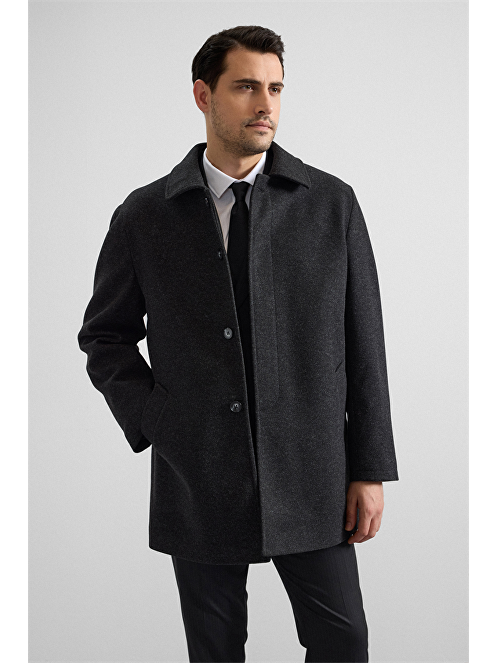 Antrasit Regular Bebe Yaka Düz Yan Cepli Kaban-5