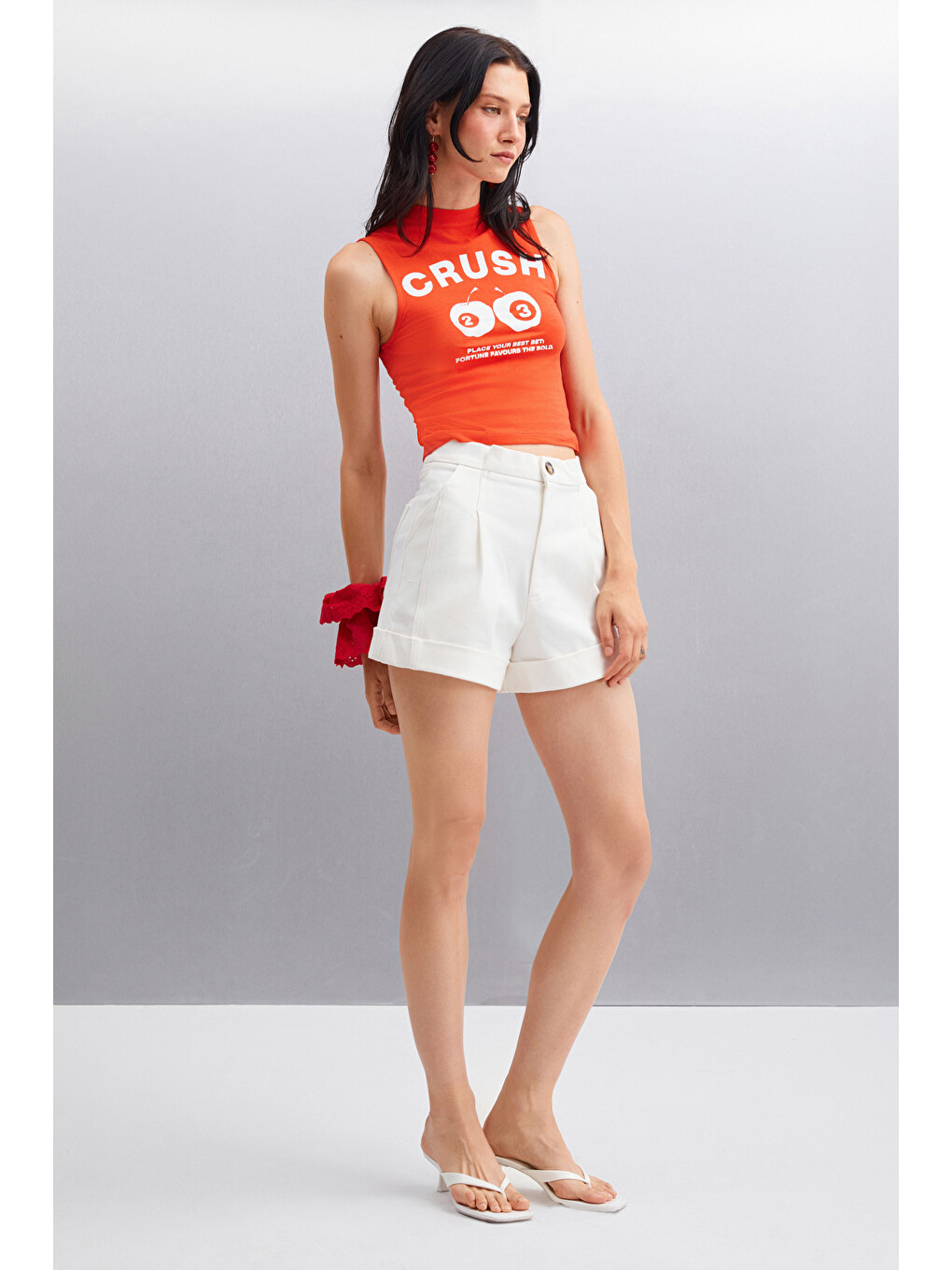 Azura Kadın Baskılı Pamuklu Kısa Kollu Crop Kırmızı T-shirt-3