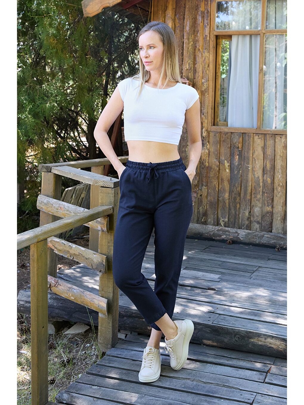 Lacivert Paçası Püsküllü Beli Lastikli Keten Pantolon-1