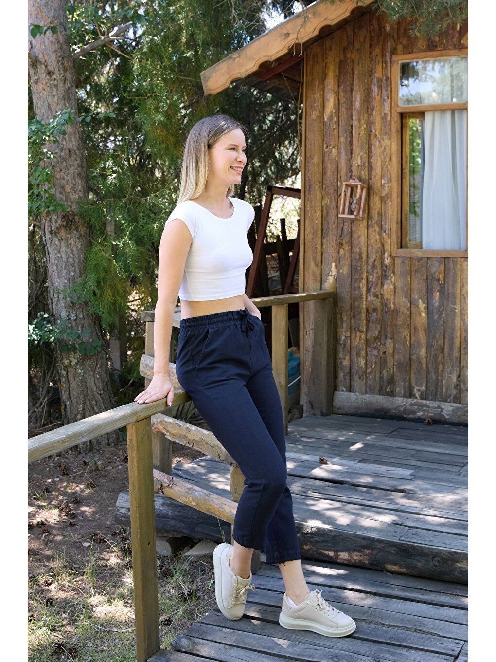 Lacivert Paçası Püsküllü Beli Lastikli Keten Pantolon-2