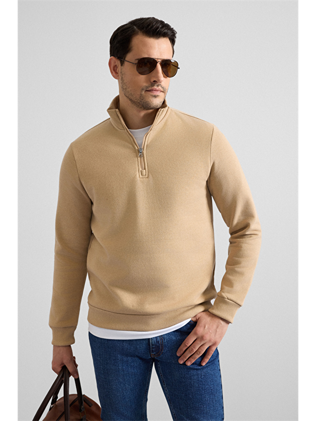 Bej Regular Düz Yarım Balıkçı Yaka Sweatshirt-3