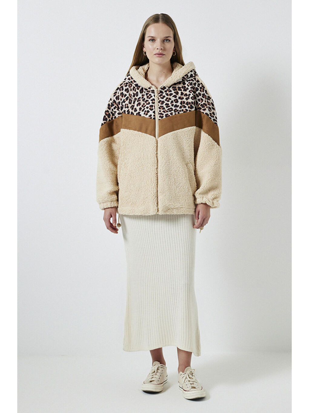 Bej Leopar Kapitoneli Kapüşonlu Mont-1