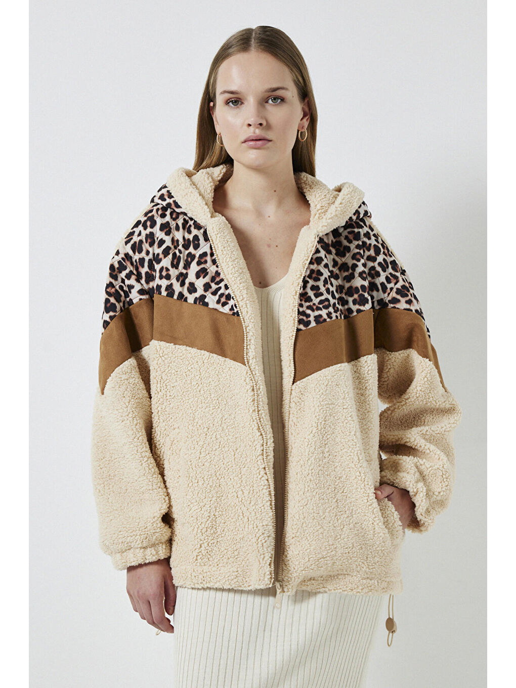 Bej Leopar Kapitoneli Kapüşonlu Mont-2