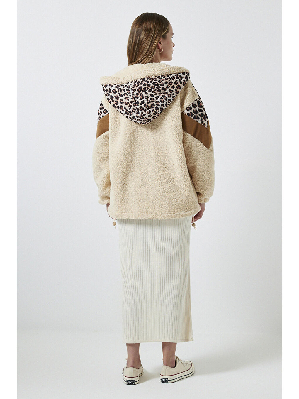 Bej Leopar Kapitoneli Kapüşonlu Mont-3