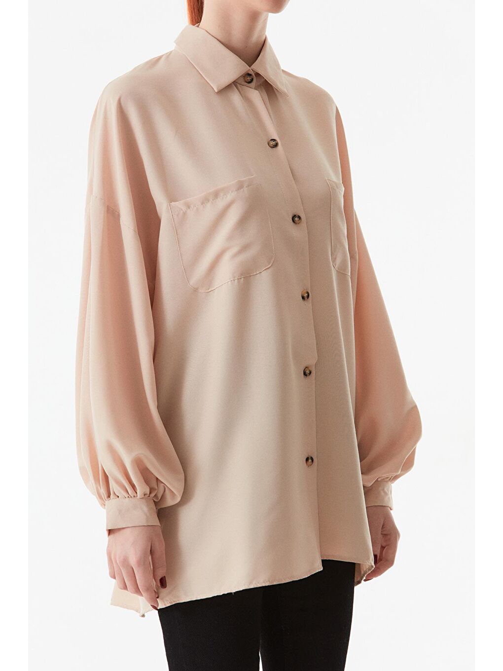 Bej Arkası Uzun Çift Cepli Salaş Gömlek-4
