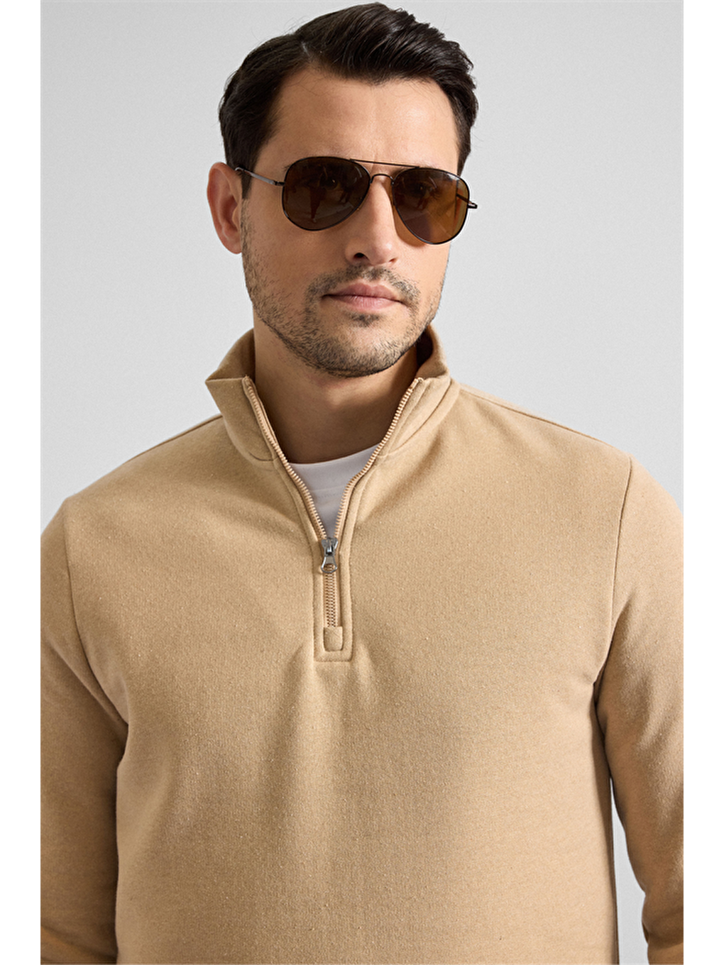 Bej Regular Düz Yarım Balıkçı Yaka Sweatshirt-4