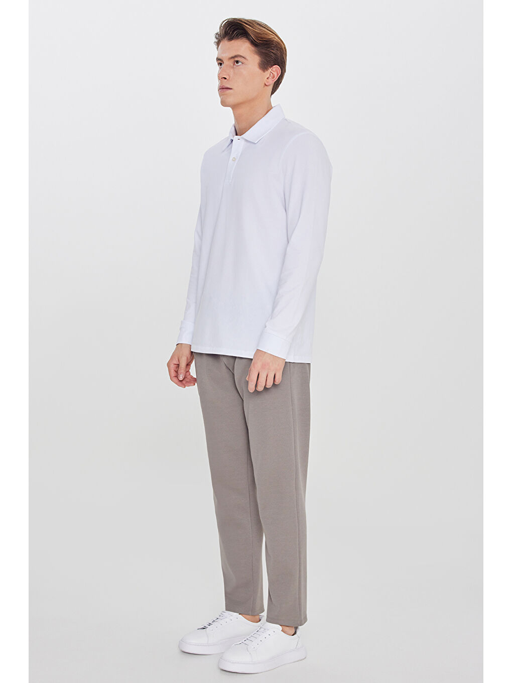 Bej Erkek Vizon Pamuklu Standart Fit Normal Kesim Beli Lastikli Diagonal Desenli Örme Pantolon-2