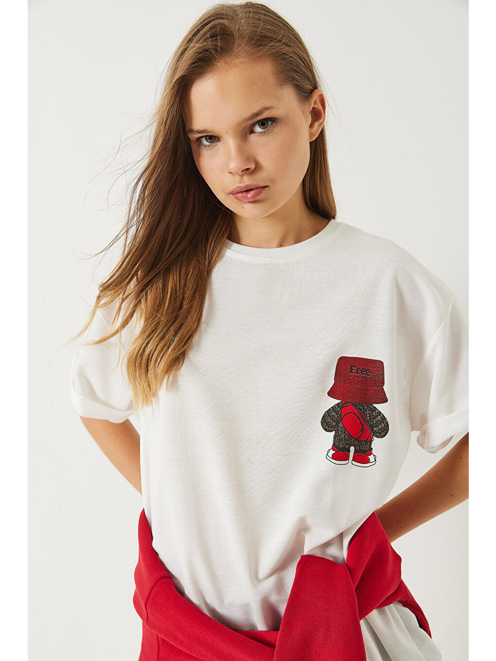 Beyaz Kadın Sırt Baskı Detaylı Bisiklet Yaka Oversize T-Shirt-2