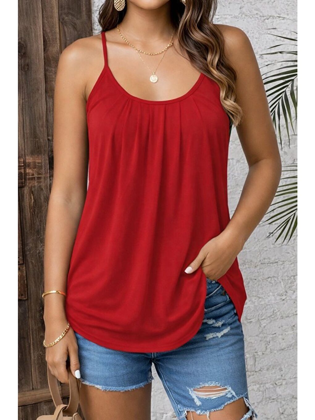 Kırmızı Kadın Ip Askılı Yuvarlak Yakalı Pileli Uzun Viskon Bluz