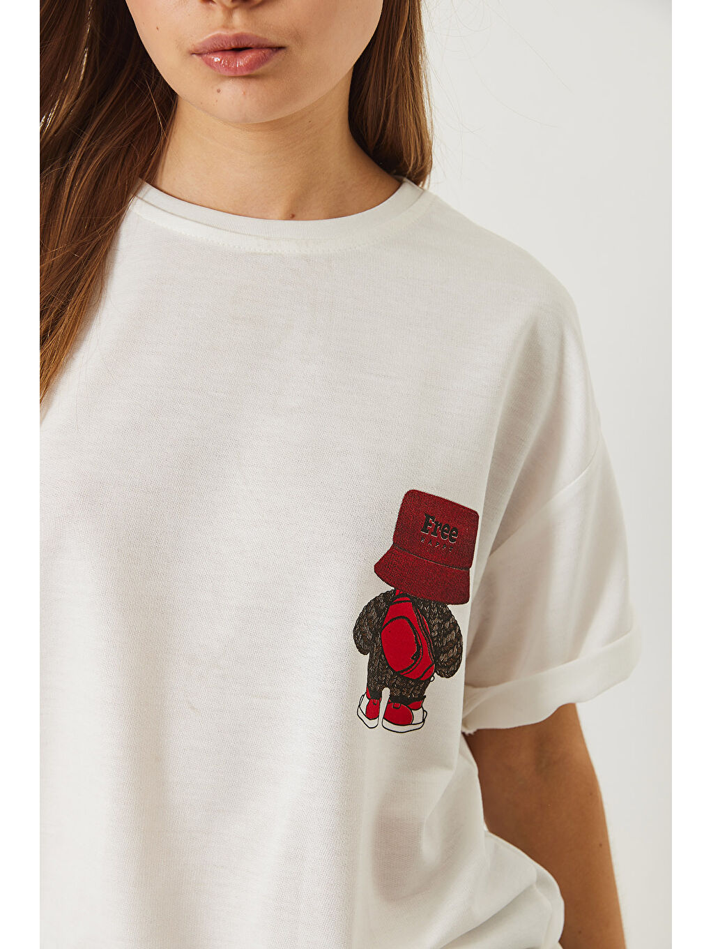 Beyaz Kadın Sırt Baskı Detaylı Bisiklet Yaka Oversize T-Shirt-5