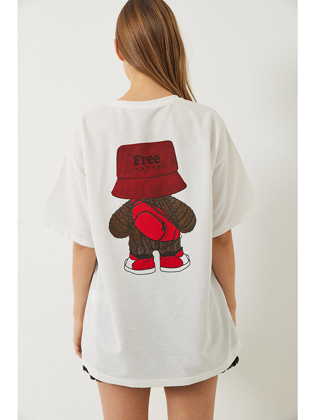 Beyaz Kadın Sırt Baskı Detaylı Bisiklet Yaka Oversize T-Shirt-7