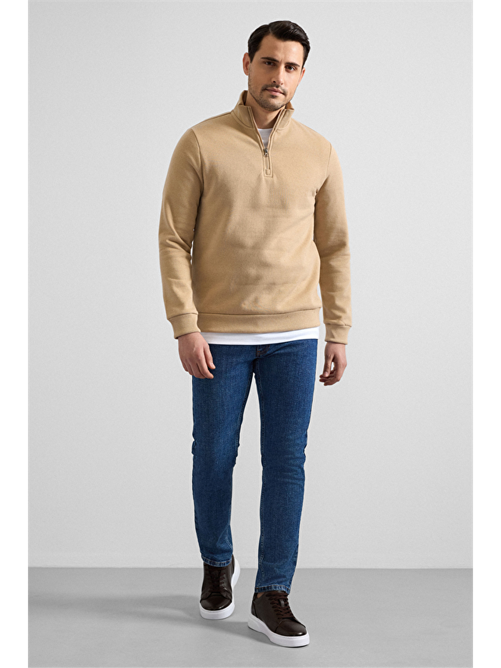 Bej Regular Düz Yarım Balıkçı Yaka Sweatshirt-6