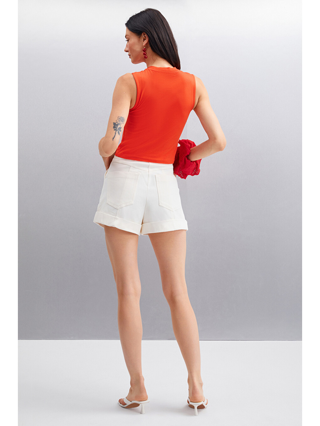 Azura Kadın Baskılı Pamuklu Kısa Kollu Crop Kırmızı T-shirt-5