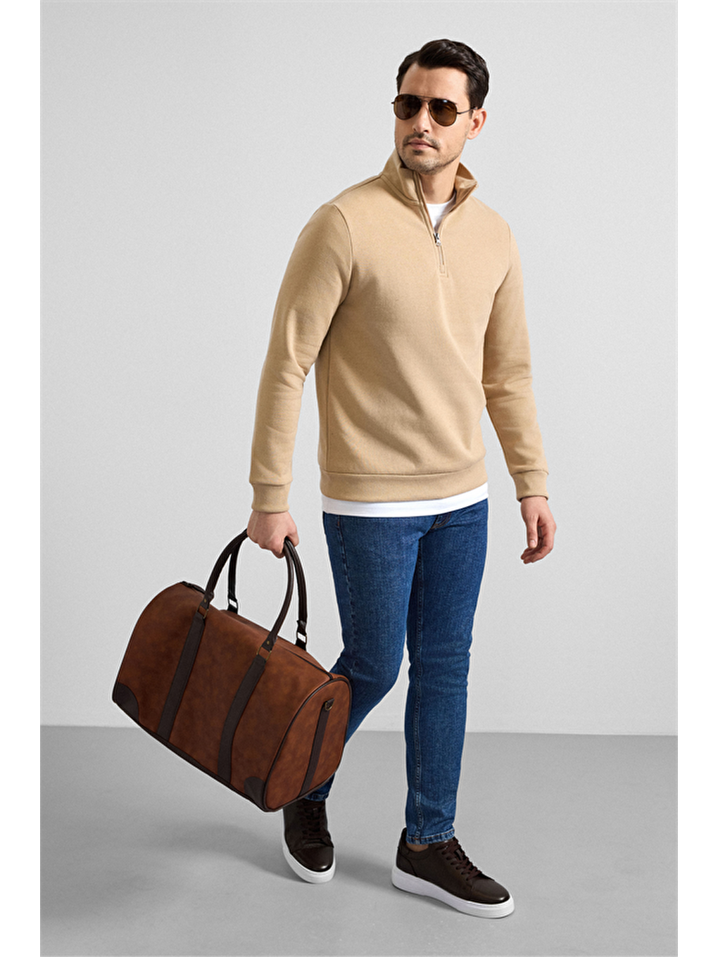 Bej Regular Düz Yarım Balıkçı Yaka Sweatshirt-7