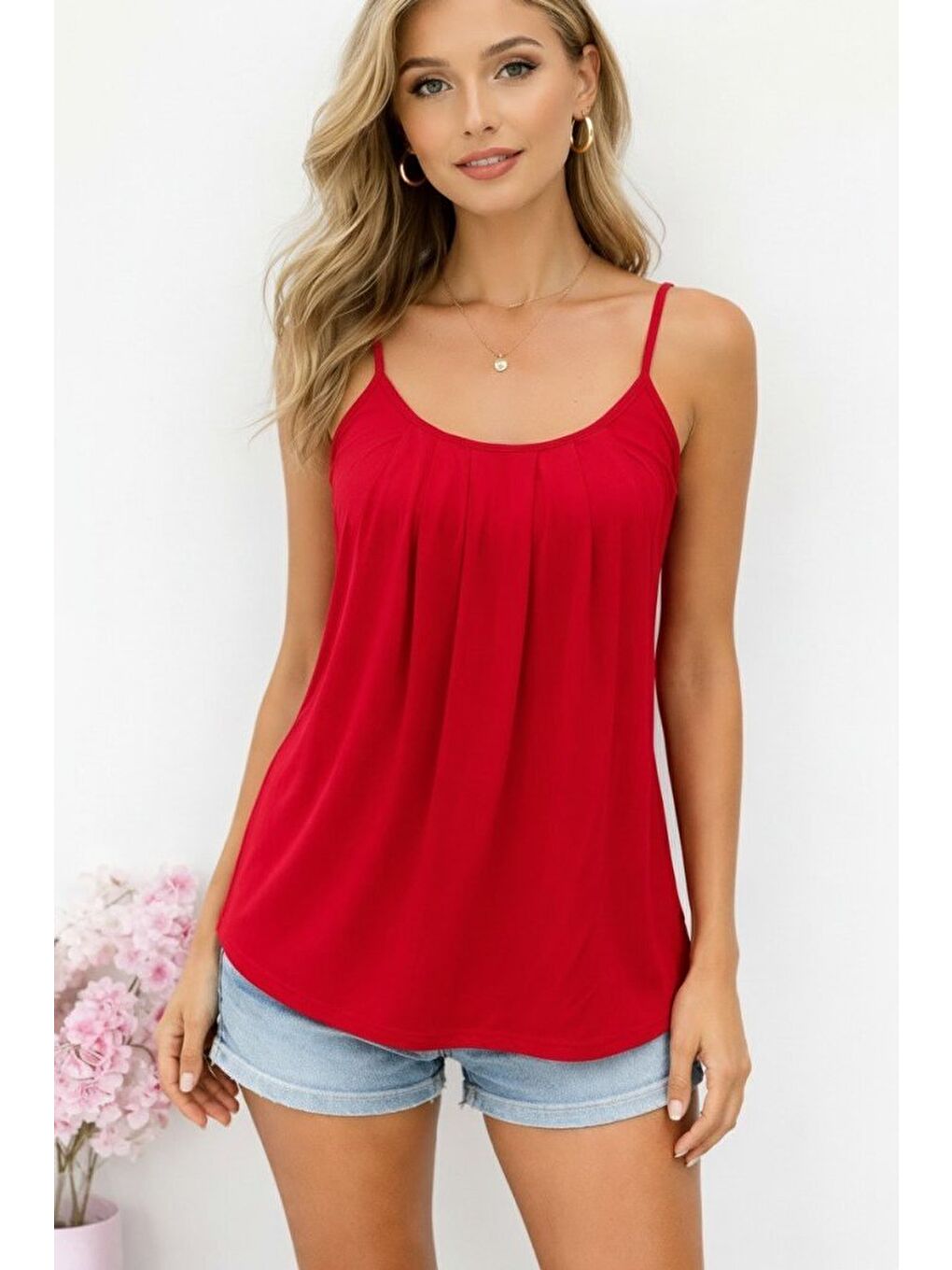 Kırmızı Kadın Ip Askılı Yuvarlak Yakalı Pileli Uzun Viskon Bluz-1