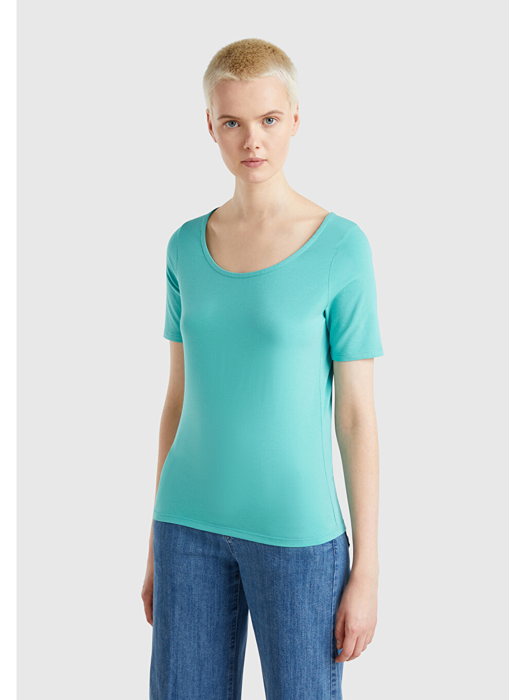 Kadın Turkuaz Pamuk Karışımlı Örme Slim Fit Geniş Yaka T-shirt