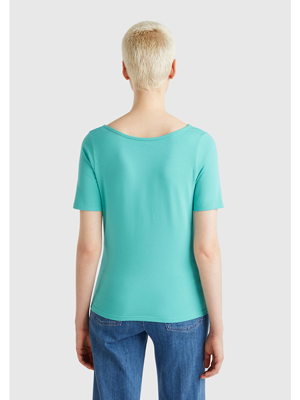 Kadın Turkuaz Pamuk Karışımlı Örme Slim Fit Geniş Yaka T-shirt-2