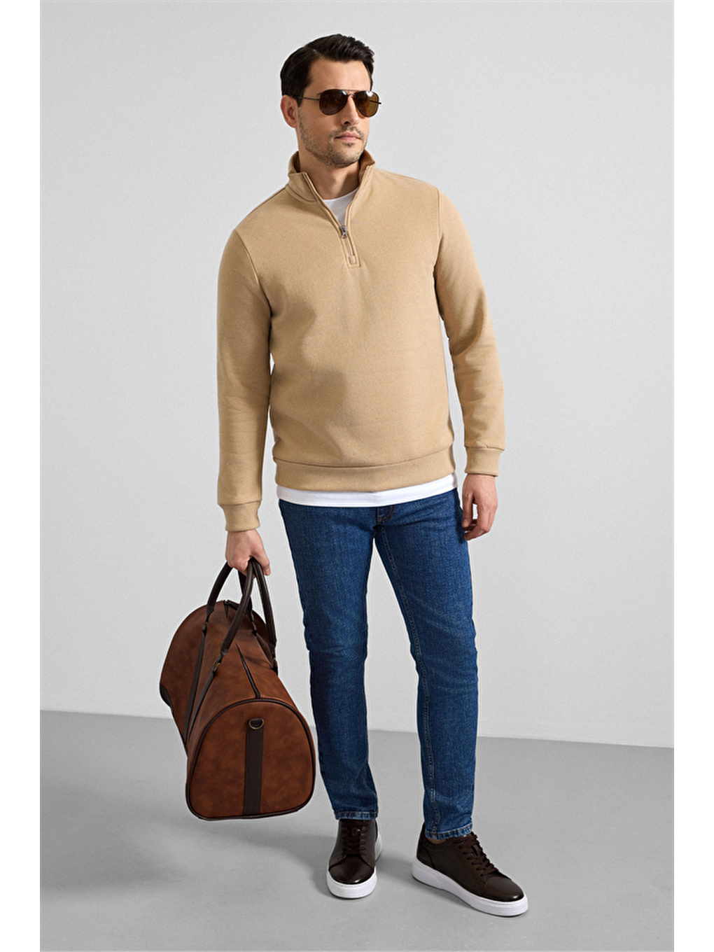 Bej Regular Düz Yarım Balıkçı Yaka Sweatshirt-8